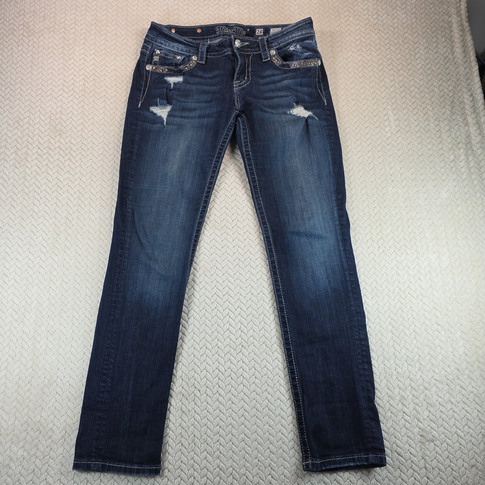 Miss Me Easy Skinny Jeans 28 Dark Wash Distressed Rhinestone JE8290ESR Mid Rise